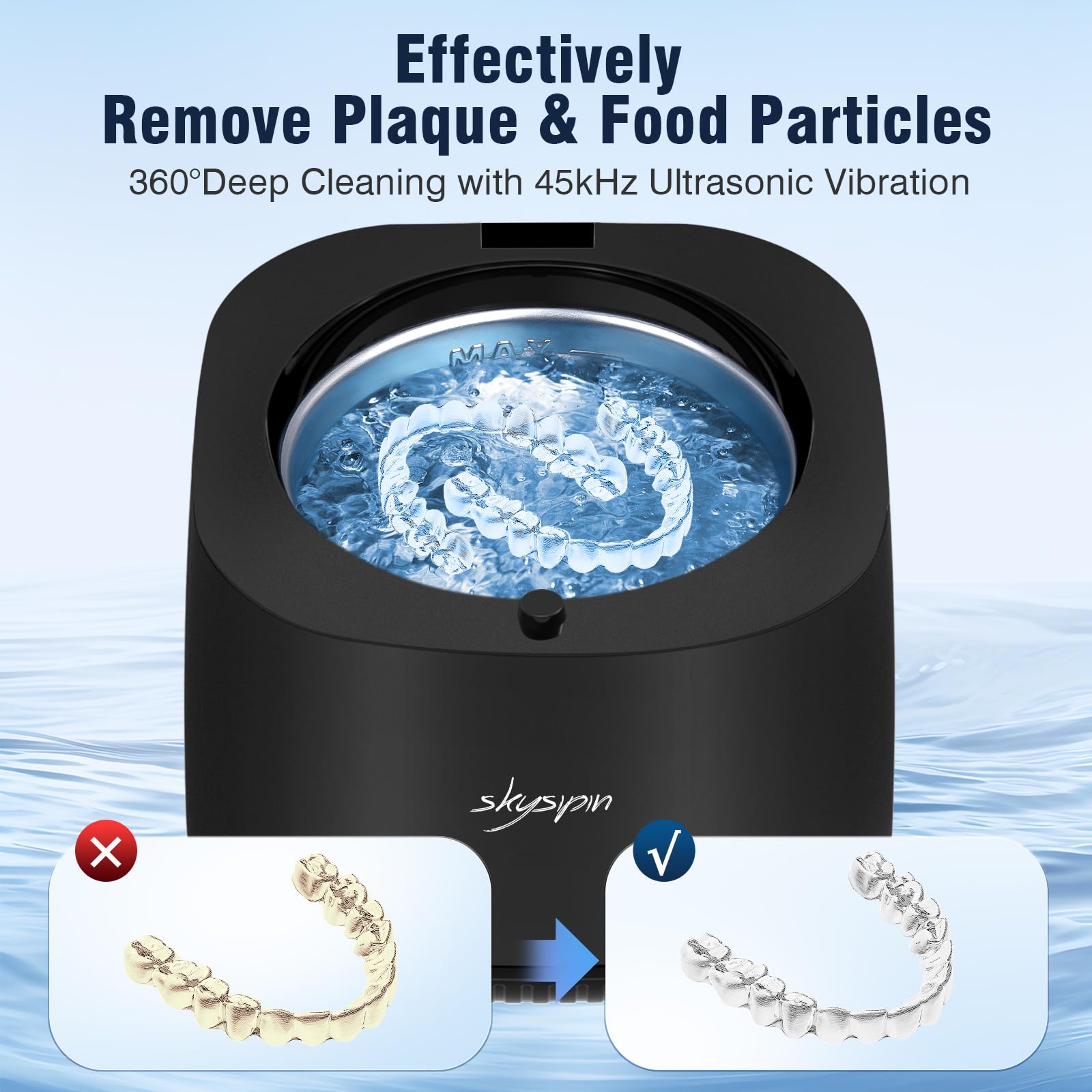 Skysipin Ultrasonic Retainer Cleaner – 45KHz, 2 Modes, 6.8oz, Black