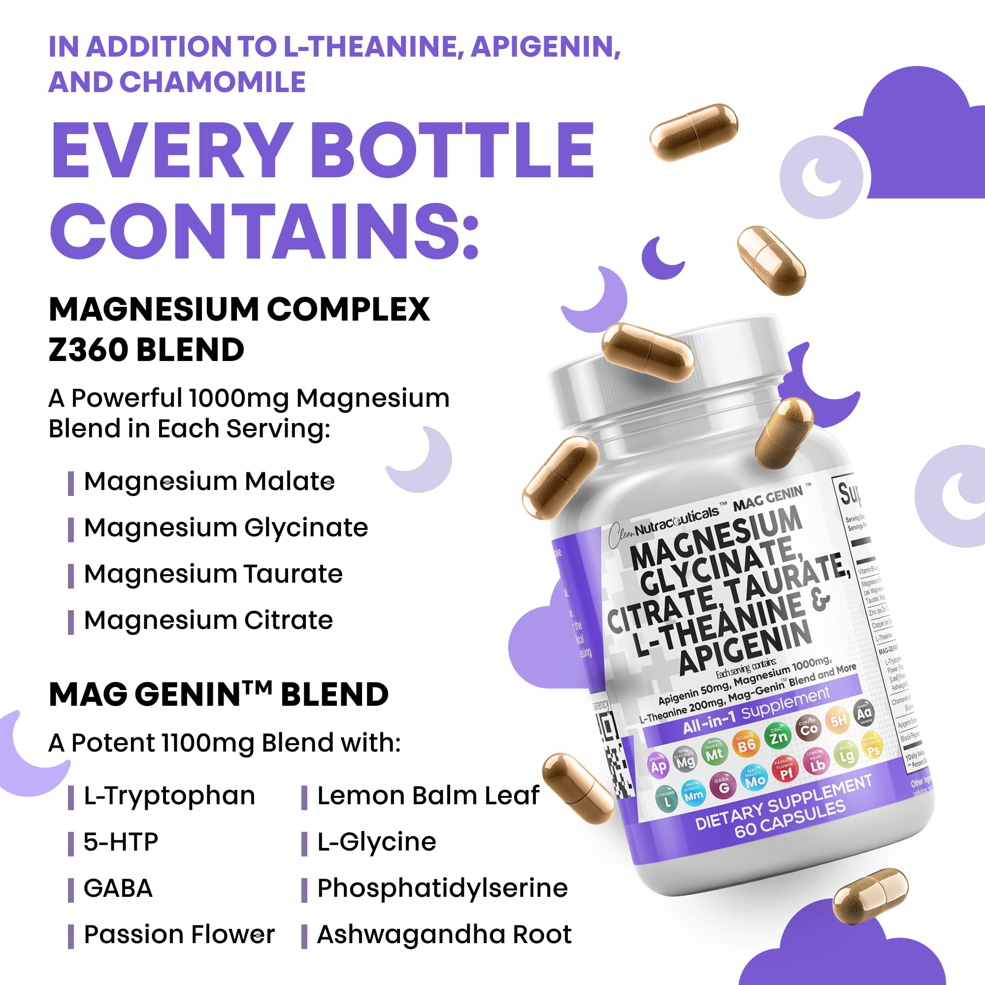 Magnesium Glycinate Complex 1000mg with L-Theanine & Apigenin – 60 Count | Clean Nutraceuticals