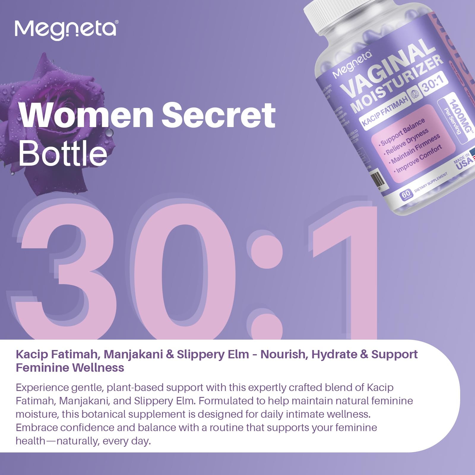 MEGNETA Vaginal Moisturizer Capsules – Kacip Fatimah 1000mg & Manjakani 200mg, Slippery Elm, Vegan (120 Capsules)