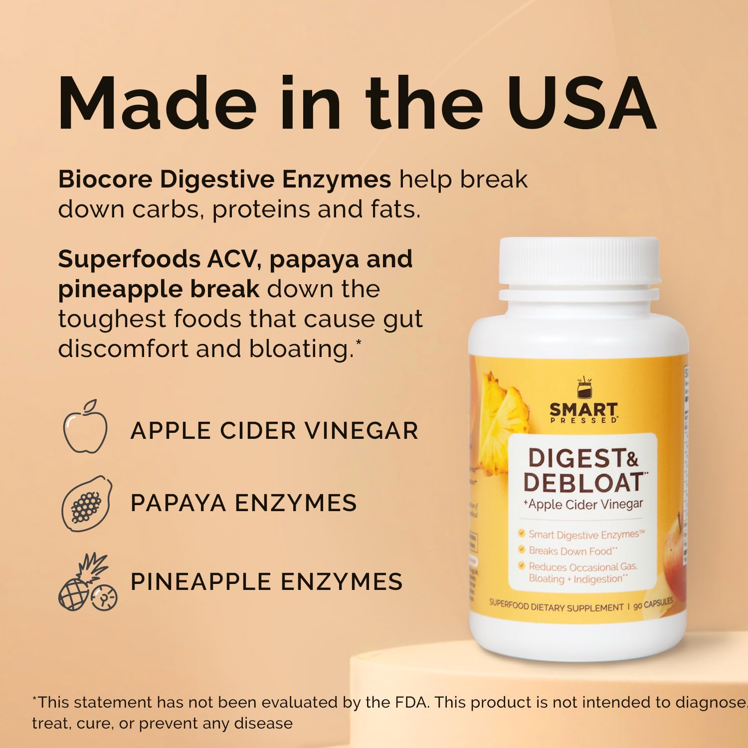 SMART Digestive Enzymes – Debloat & Fast-Acting Formula for Acid Reflux, Indigestion, Gas & Bloat | Apple Cider Vinegar, 90 Capsules, Made in USA