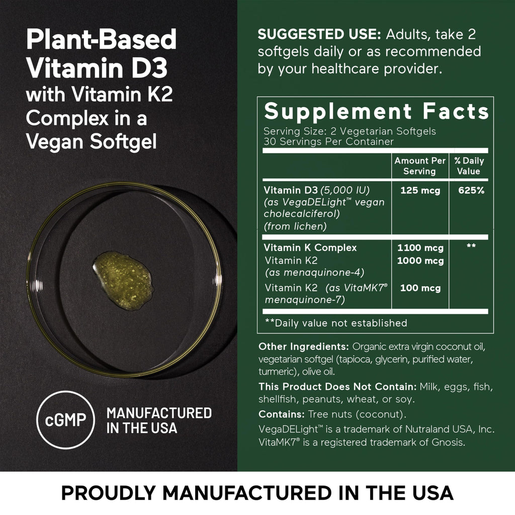 SMARTERNUTRITION Vegan Vitamin D3 5000 IU + Vitamin K2 1100 mcg – Organic Coconut & Olive Oil, 360 Softgels (180-Day Supply)