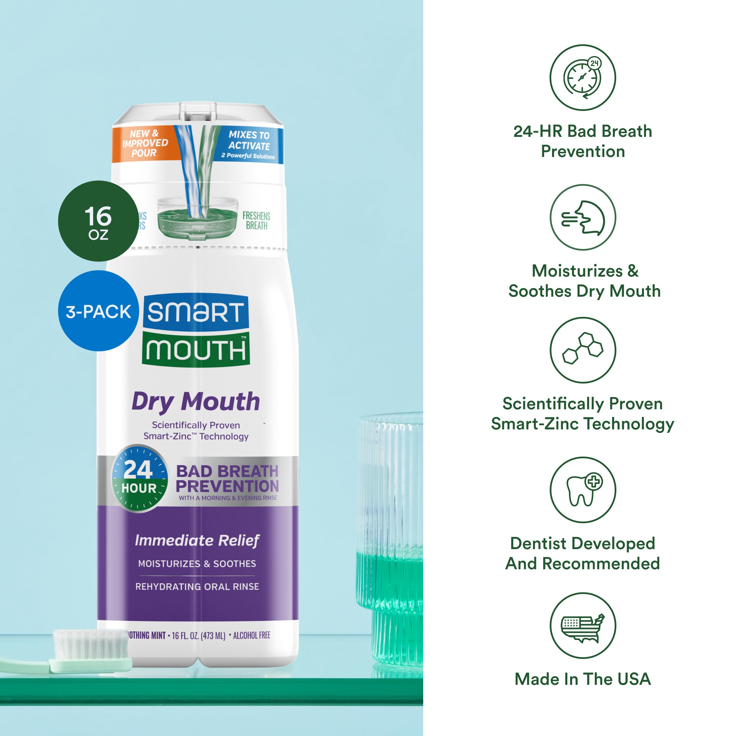 SmartMouth Activated Dry Mouth Mouthwash - Mint, 16 oz, 3 Pack