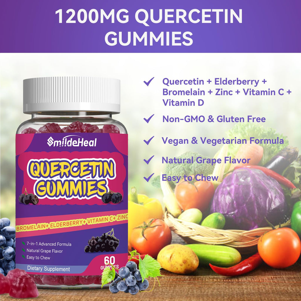 SmildeHeal Quercetin Gummies 1200MG – Vegan, Bromelain & Vitamin C | 60 Gummies