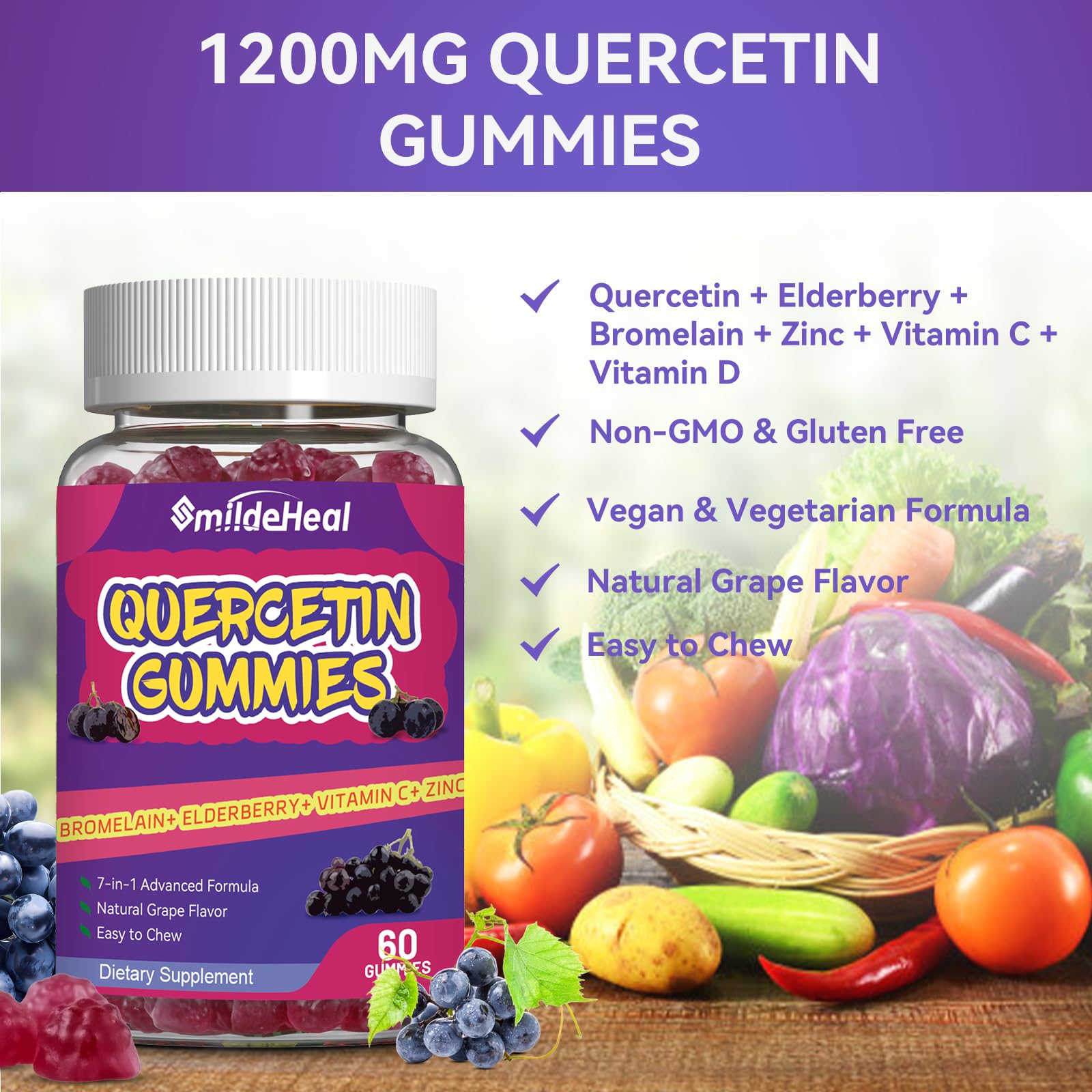 SmildeHeal Quercetin Gummies 1200MG – Vegan, Bromelain & Vitamin C | 60 Gummies