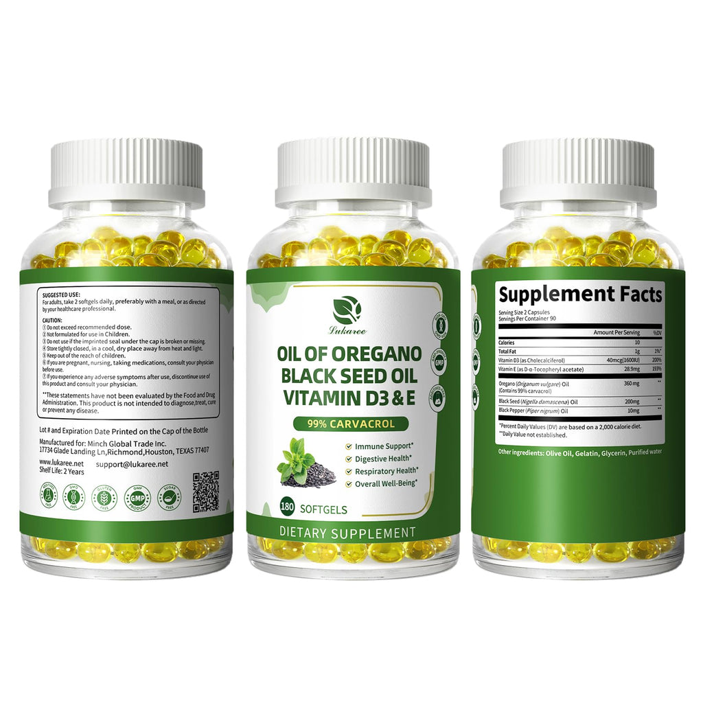 Organic Oregano Oil Capsules + Black Seed Oil | 99% Carvacrol, 180 Softgels