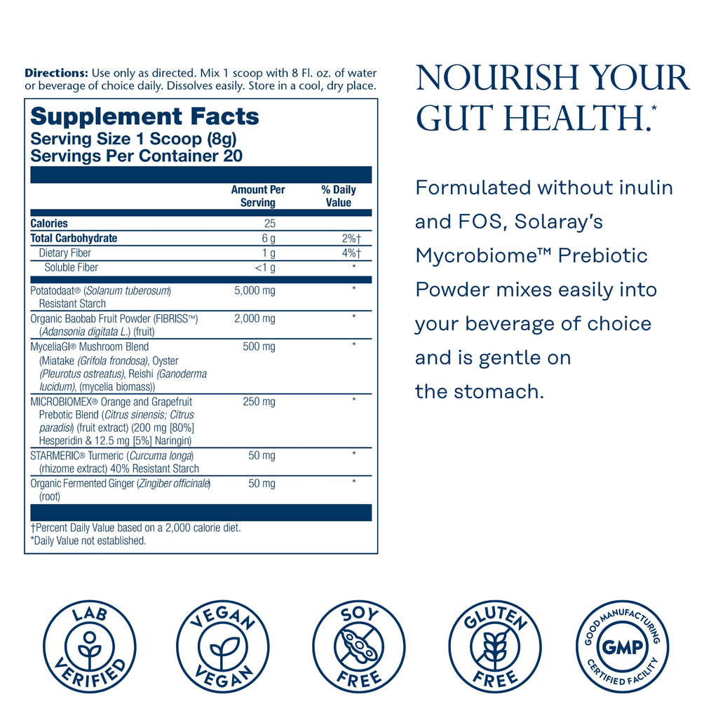 SOLARAY Mycrobiome Prebiotic Powder - Gut Health & Citrus Flavor, 20 Servings