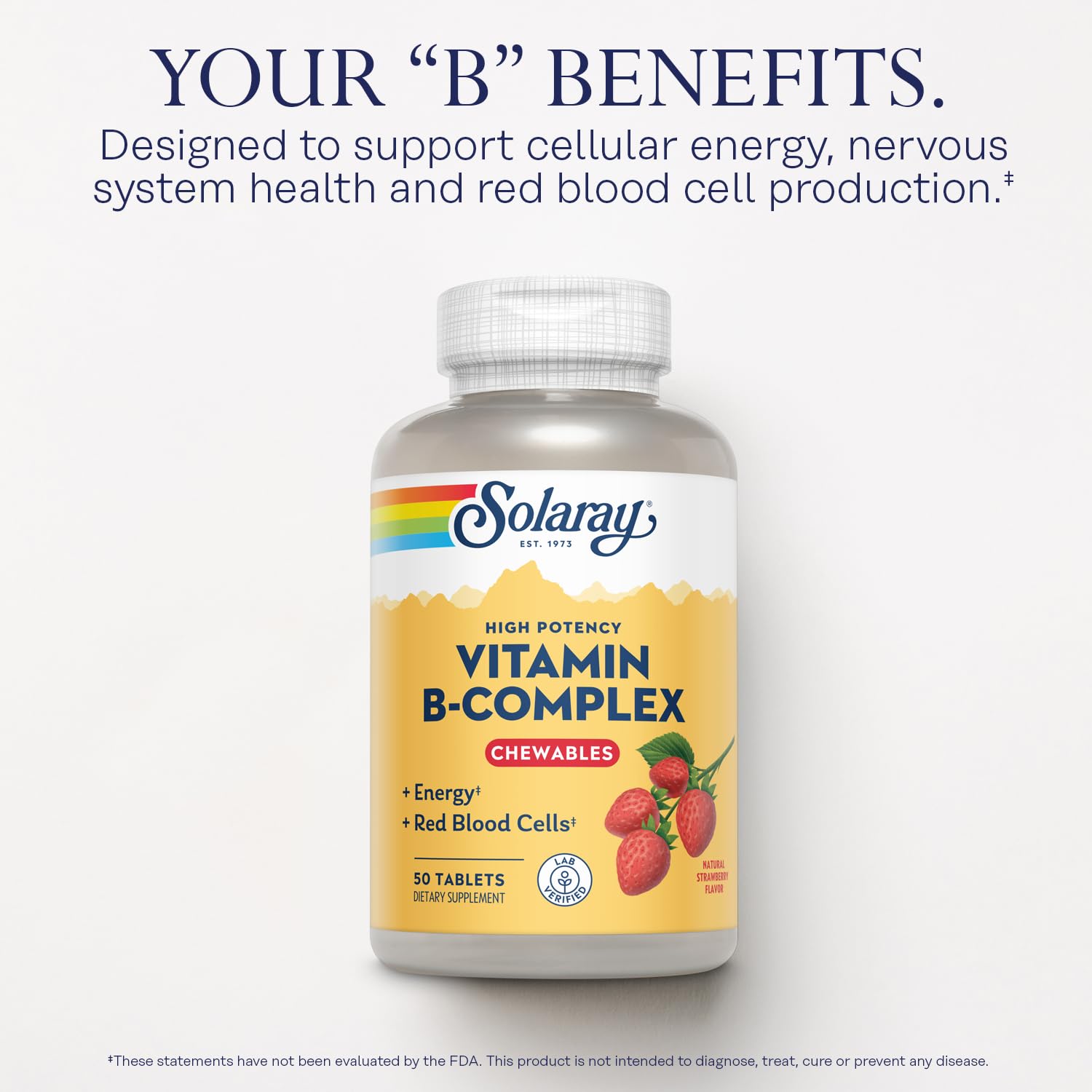 SOLARAY Vitamin B-Complex Chewables – Strawberry – Healthy Energy, Metabolism & Red Blood Cell Support | 50 Tablets (Pack of 2)