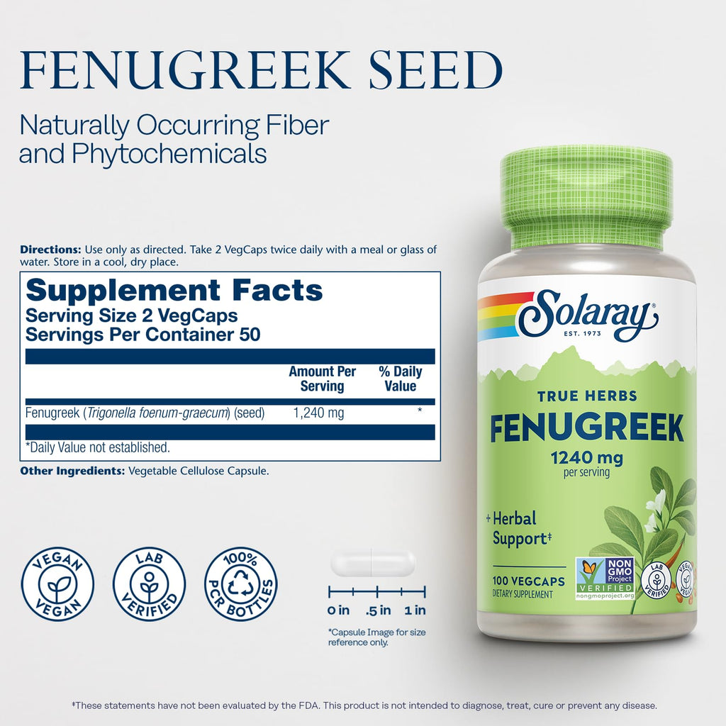 SOLARAY Fenugreek Seed 1240 mg - Healthy Digestion Support, Vegan & Lab Verified, 50 Servings, 100 VegCaps