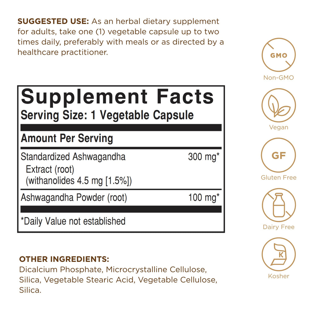 Solgar Ashwagandha Root Extract – 60 Veg Capsules | Standardized Full Potency (SFP) | Non-GMO, Vegan, Gluten & Dairy Free