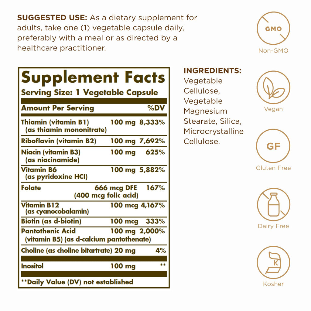 Solgar B-Complex 100 - 50 Vegetable Capsules | Energy Metabolism & Nervous System Support