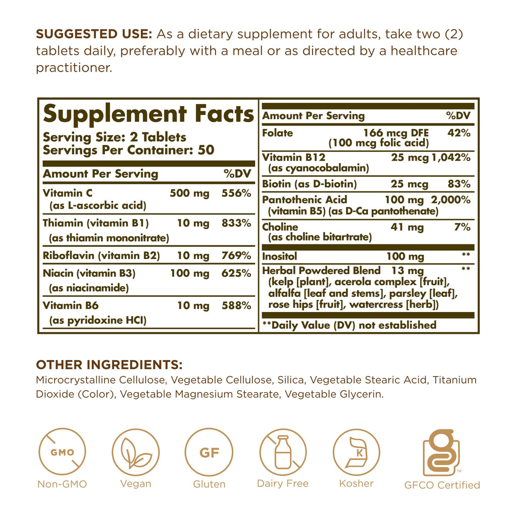 Solgar B-Complex with Vitamin C - 100 Tablets - Non-GMO, Vegan, Kosher & Gluten Free - 50 Servings