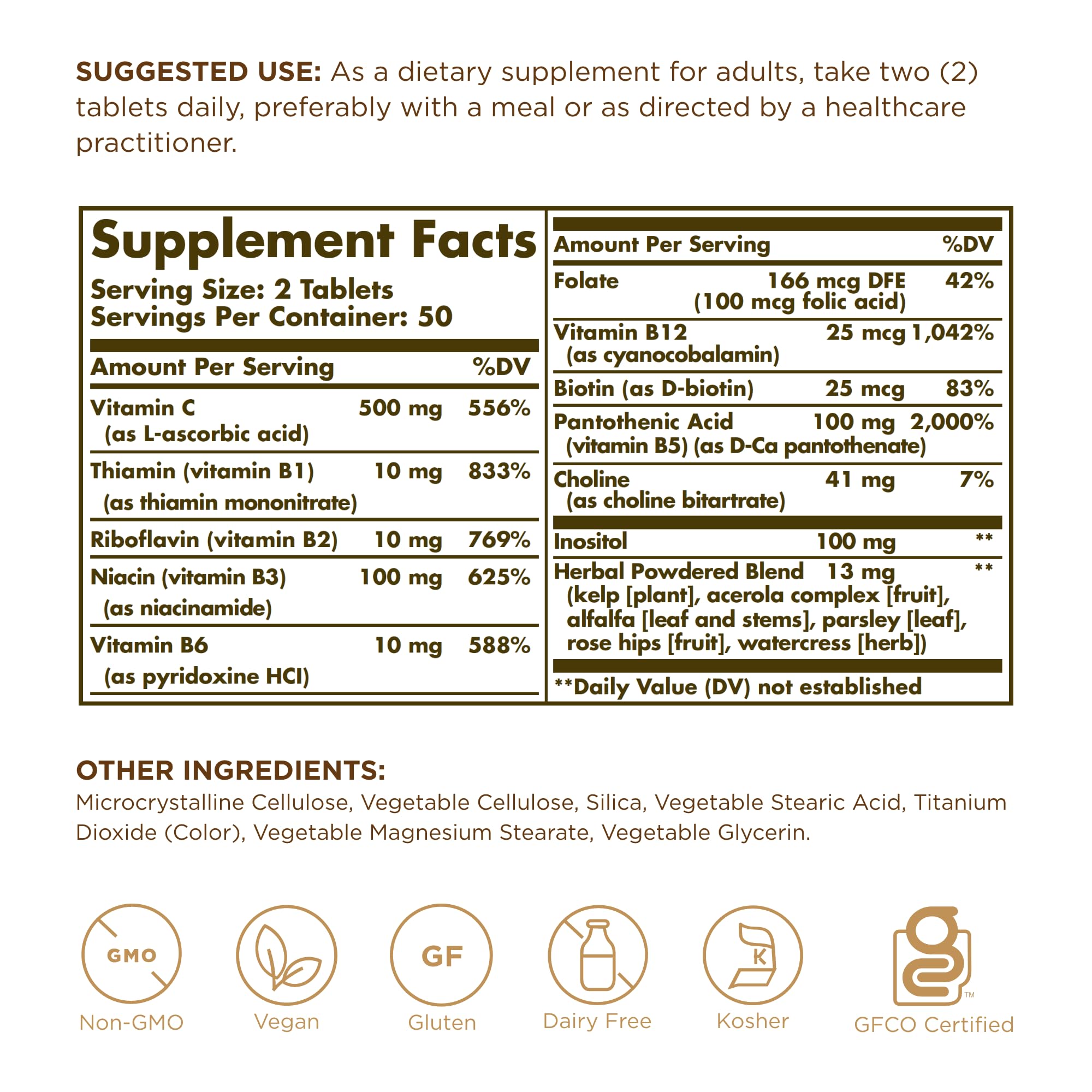 Solgar B-Complex with Vitamin C - 100 Tablets - Non-GMO, Vegan, Kosher & Gluten Free - 50 Servings