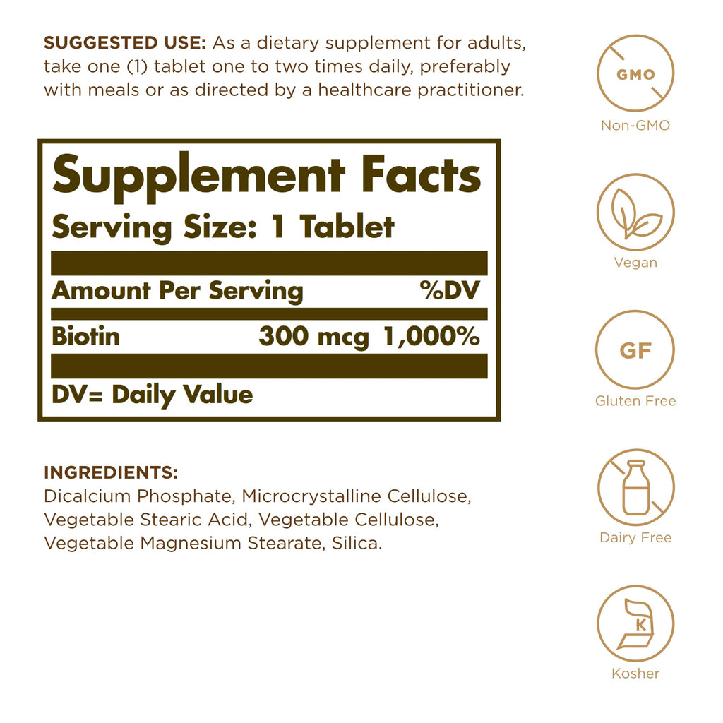 Solgar Biotin 300 mcg - 100 Tablets - Supports Skin, Nails & Hair - Non-GMO, Vegan, Gluten Free, Dairy Free, Kosher - 100 Servings