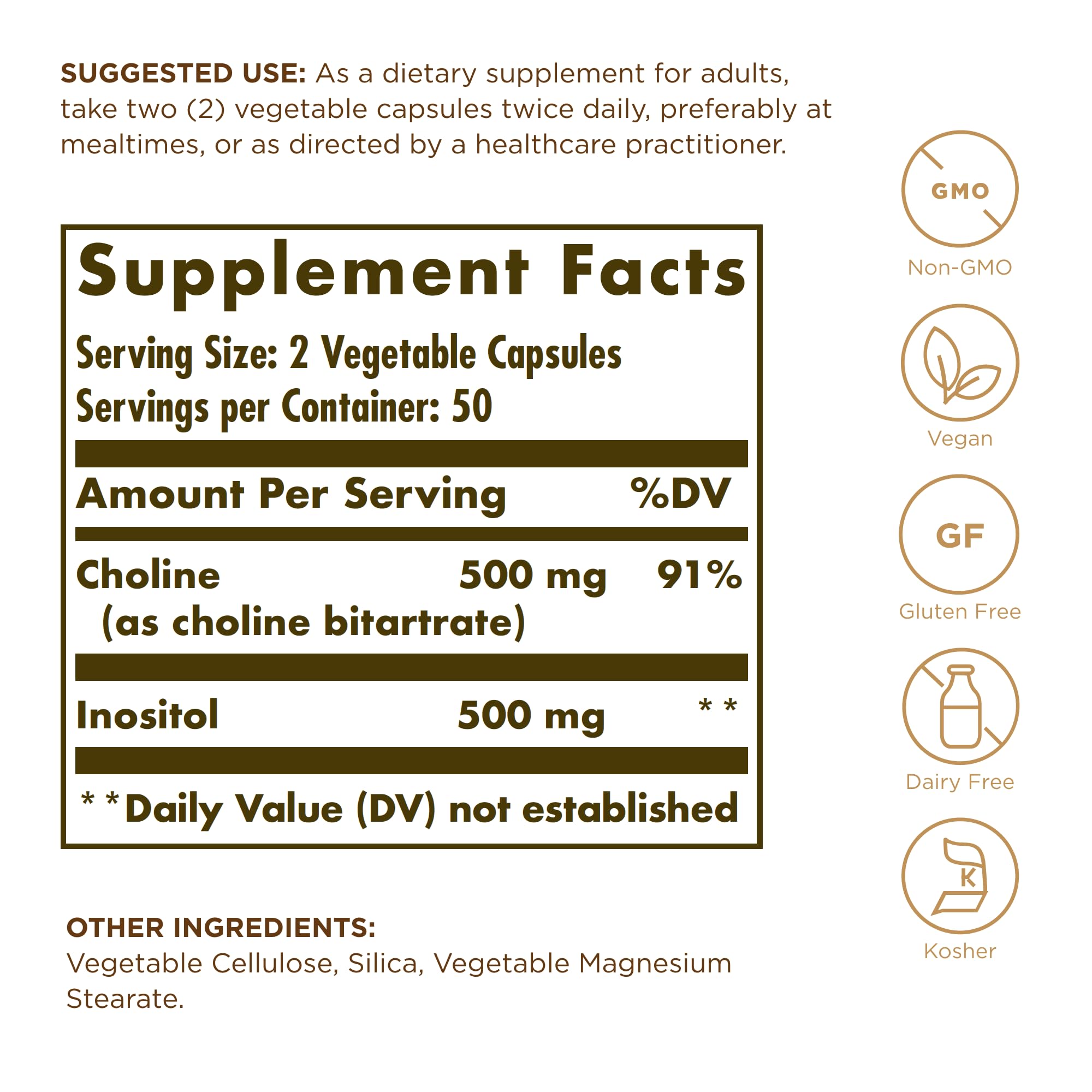 Solgar Choline & Inositol 500 mg/500 mg | 100 Veg Capsules (Pack of 2) | Energy Metabolism, Liver Health, Brain & Nerve Support | Non-GMO, Vegan, Kosher