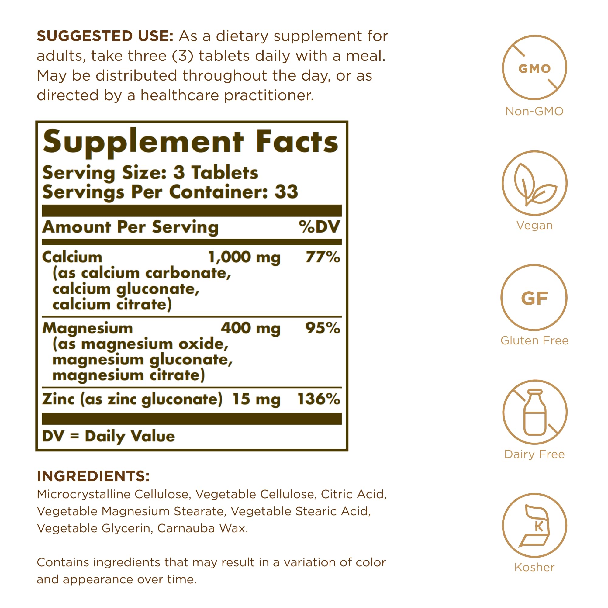 Solgar Calcium Magnesium Plus Zinc – 100 Tablets (Pack of 2) | Healthy Bones & Nerves