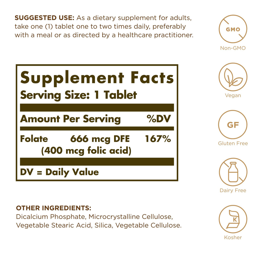 Solgar Folate 666 mcg DFE (Folic Acid 400 mcg) – 250 Tablets × 2 (500 Servings) | Prenatal Support, Non-GMO, Vegan, Gluten Free