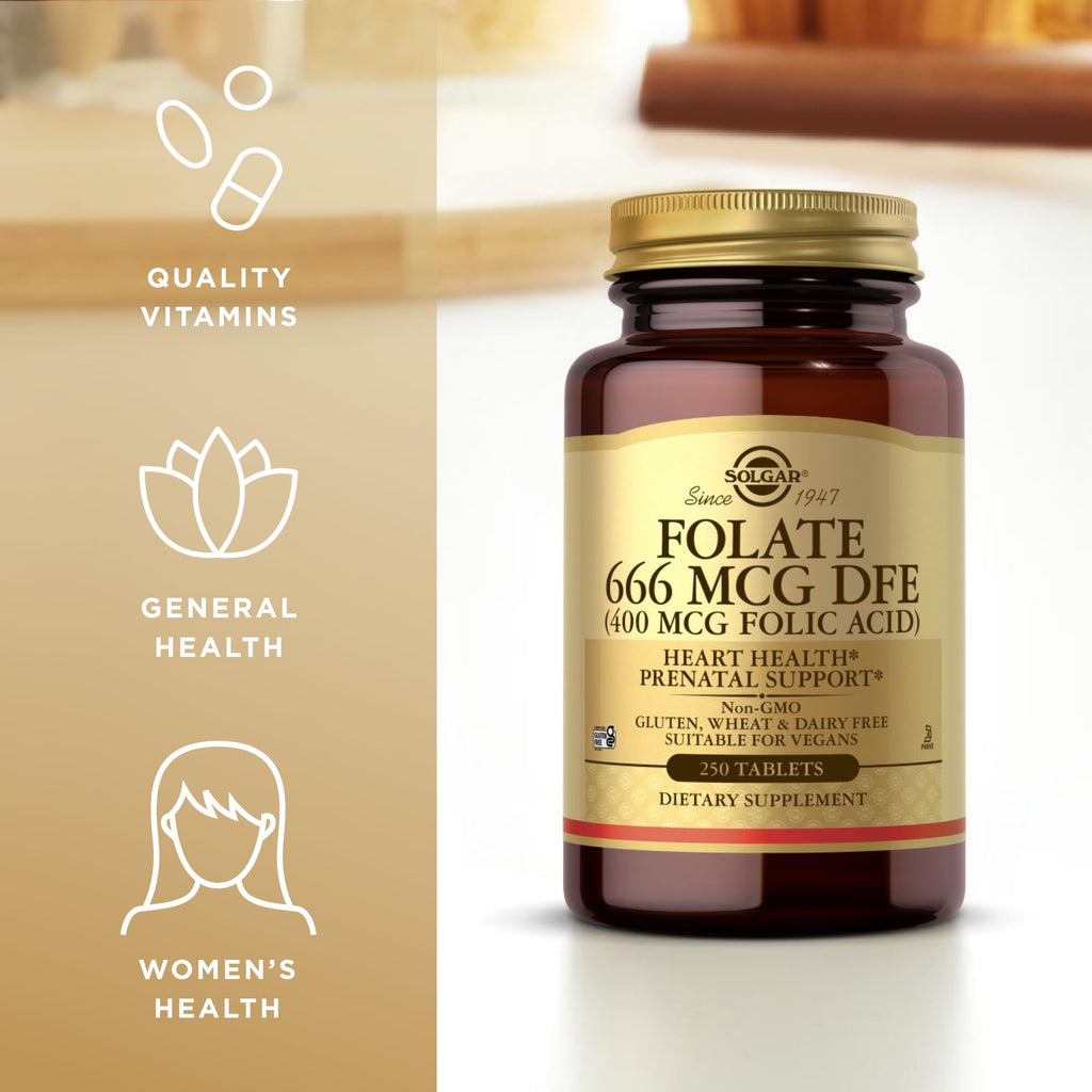 Solgar Folate 666 mcg DFE (Folic Acid 400 mcg) – 250 Tablets × 2 (500 Servings) | Prenatal Support, Non-GMO, Vegan, Gluten Free