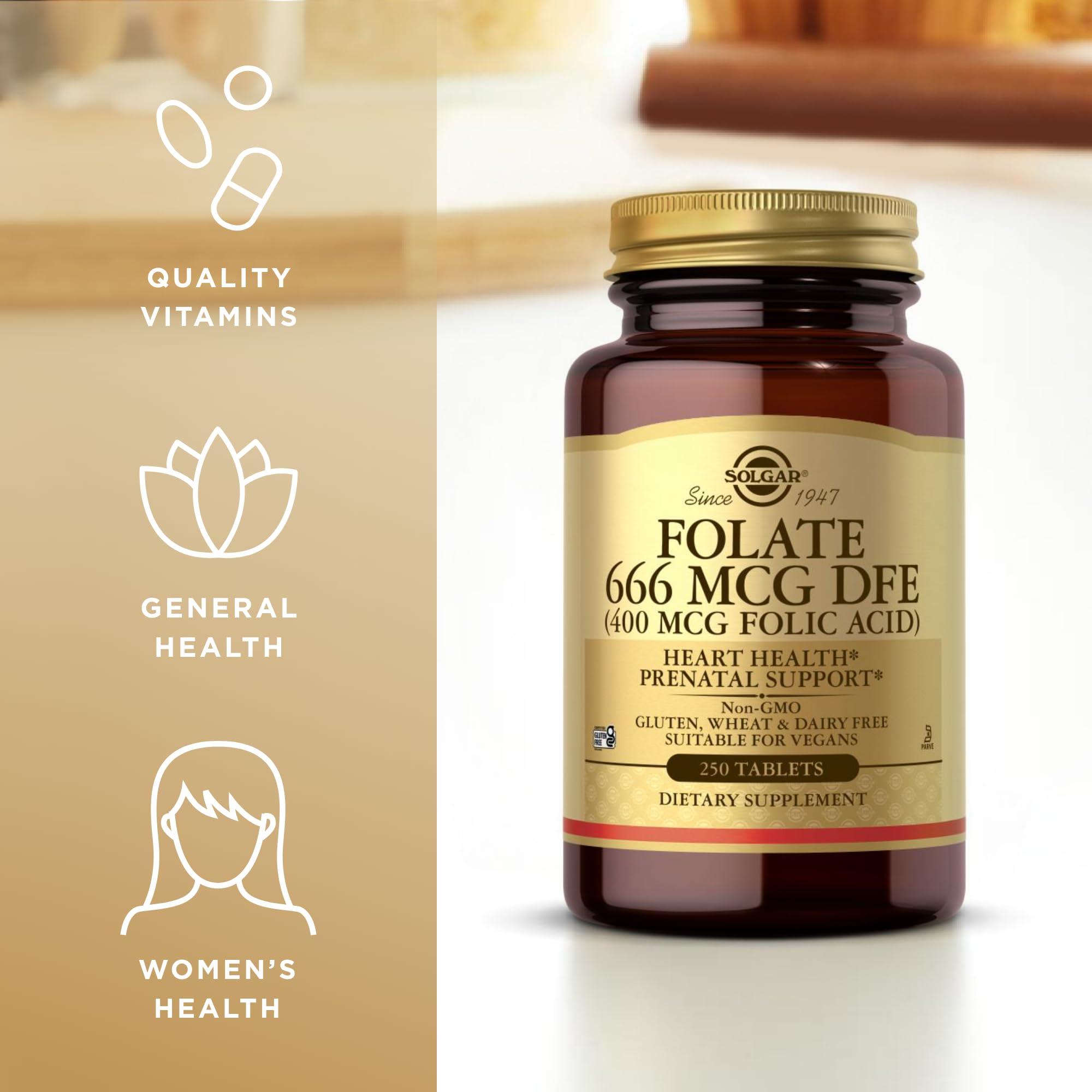 Solgar Folate 666 mcg DFE (Folic Acid 400 mcg) – 250 Tablets × 2 (500 Servings) | Prenatal Support, Non-GMO, Vegan, Gluten Free