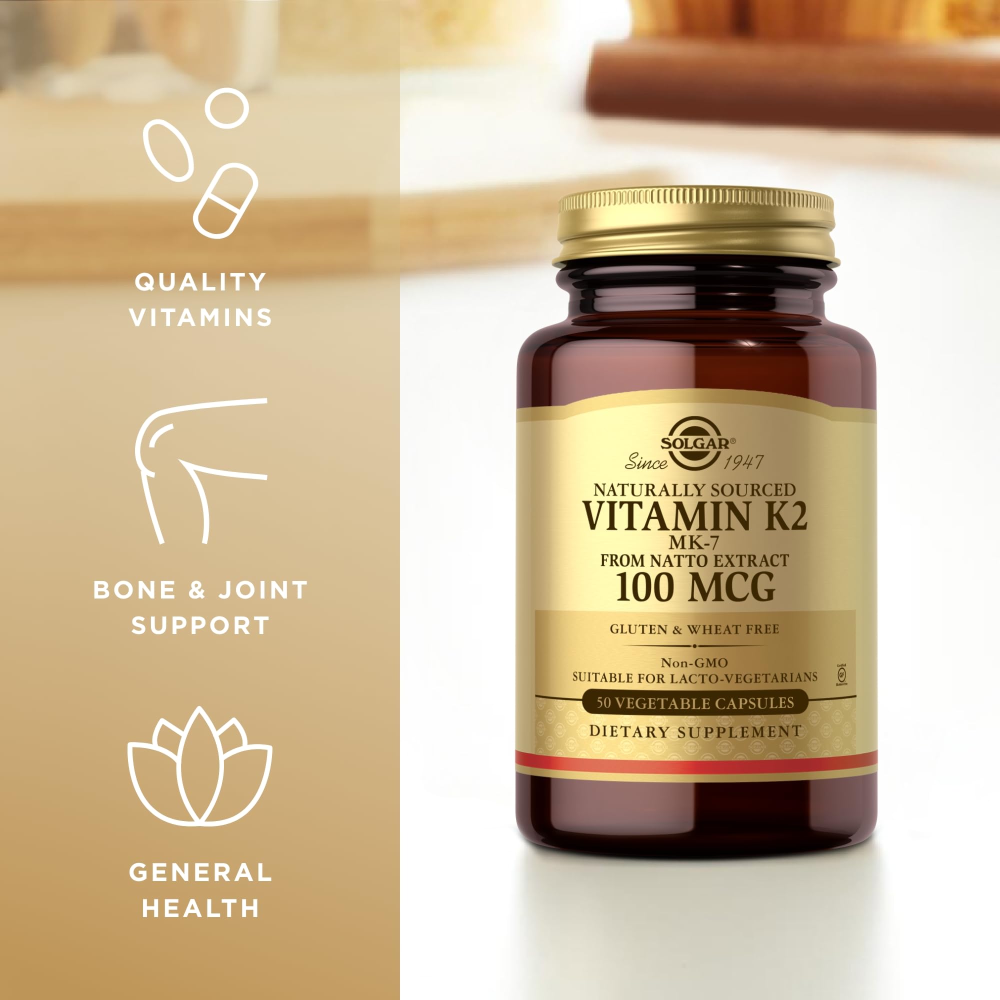 Solgar Vitamin K2 MK-7 100 mcg – Natto Whole-Food Source, 50 Vegetable Capsules x4 (200 Servings) – Non-GMO, Gluten Free