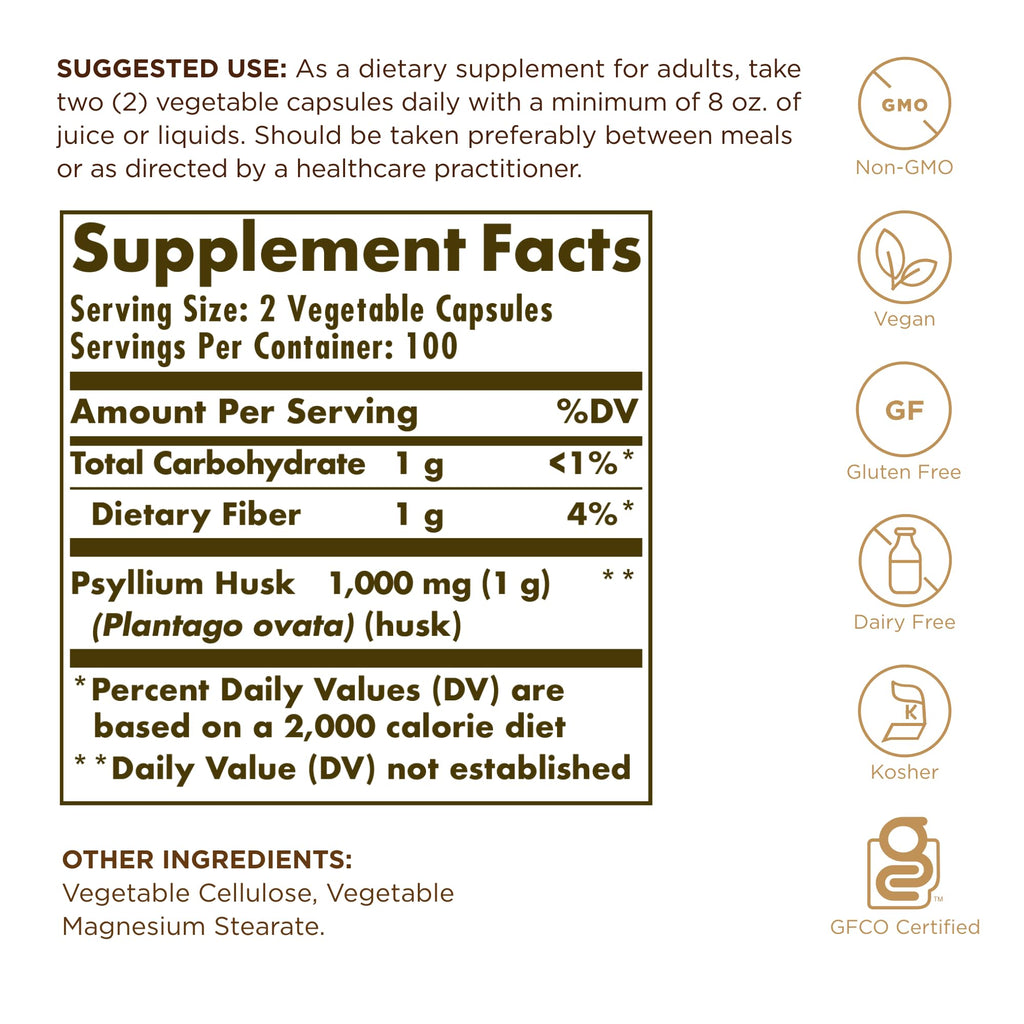 Solgar Psyllium Husks Fiber 500 mg - 200 Veg Capsules | Non-GMO, Vegan, Gluten Free, Kosher