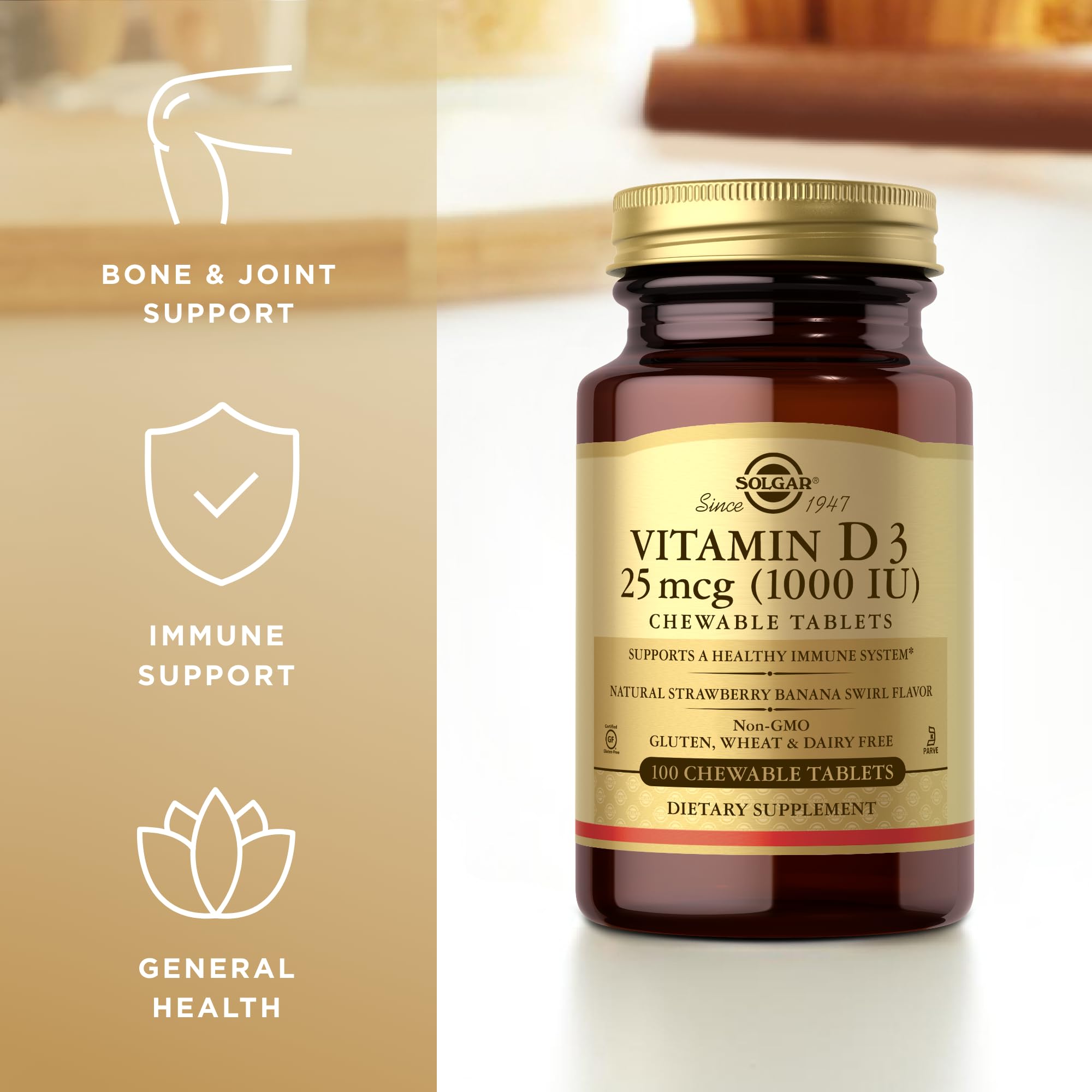 Solgar Vitamin D3 (Cholecalciferol) 25 mcg (1000 IU) - Strawberry Banana Swirl, 100 Chewable Tablets - Non-GMO, Kosher