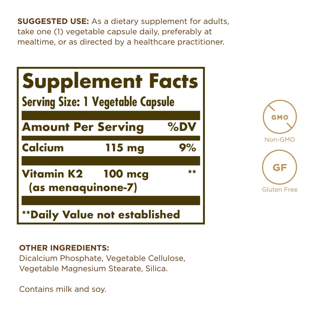 Solgar Vitamin K2 MK-7 100 mcg – Natto Whole-Food Source, 50 Vegetable Capsules x4 (200 Servings) – Non-GMO, Gluten Free