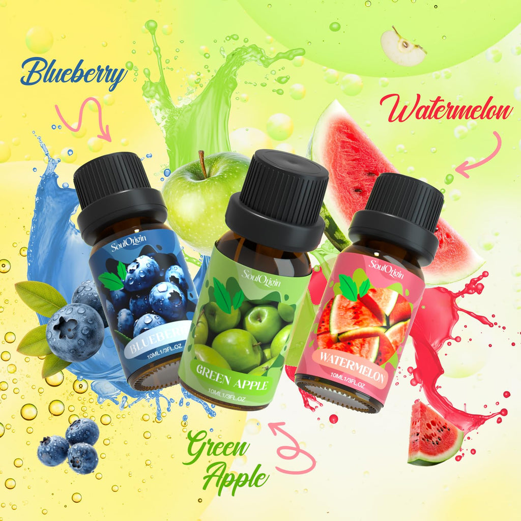 Soulorigin Fruit Essential Oils Set – 6 Fragrance Oils for Diffuser & Candle Making (Pineapple, Sweet Orange, Grape, Green Apple, Blueberry, Watermelon)