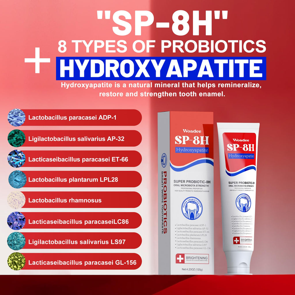 SP-8 Hydroxyapatite Probiotic Whitening Toothpaste – 8 Probiotics + Hydroxyapatite Formula for Whitening, Enamel Protection, Mint Flavor, Fluoride-Free