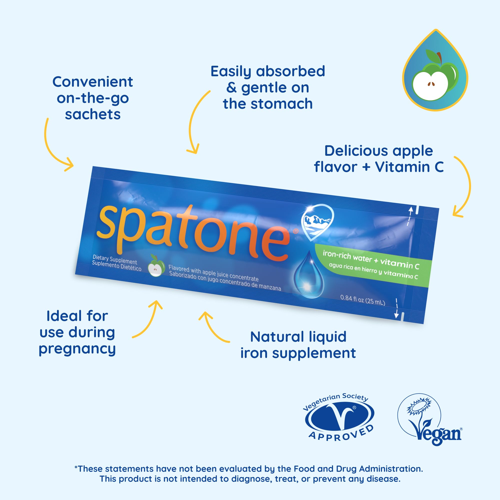 Spatone Natural Liquid Iron + Vitamin C (Apple) - 28-Day - 5mg per 20mL Sachet | Vegan