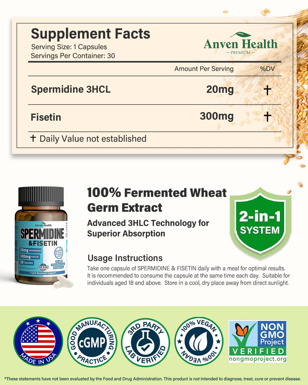 Spermidine & Fisetin Supplement – 20mg Spermidine, 300mg Fisetin | 60 Veggie Caps | Made in USA