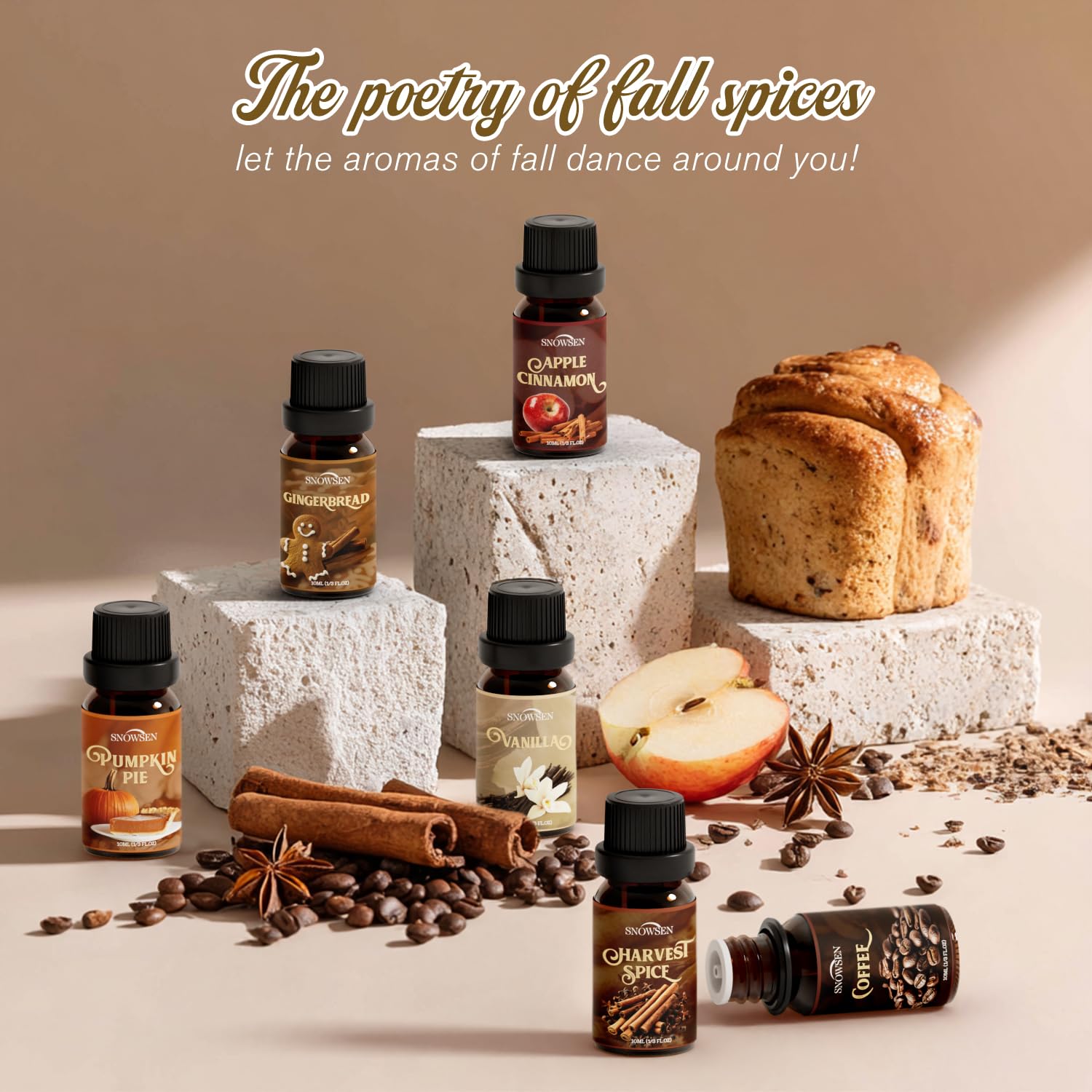 Spice Essential Oils Diffuser Set – SNOWSEN Aromatherapy Gift (Apple Cinnamon, Pumpkin Pie, Gingerbread, Coffee, Vanilla, Harvest Spice)