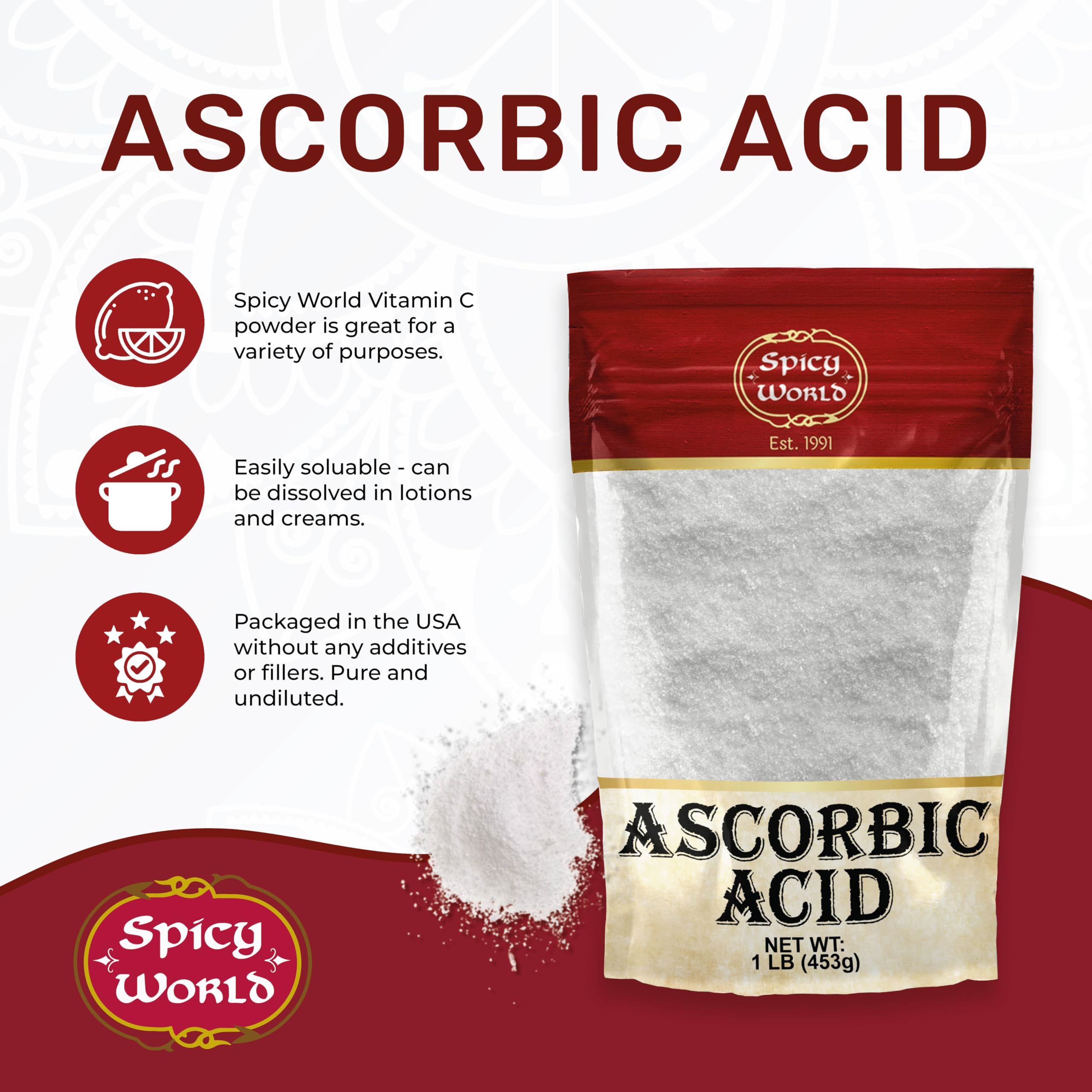 Spicy World Ascorbic Acid 1 lb – Pure Vitamin C Powder (USP, Food Grade)