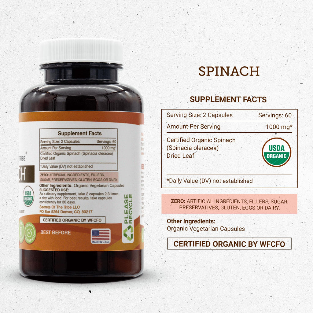 Secrets of the Tribe Spinach USDA Organic 120 Capsules, 1000 mg