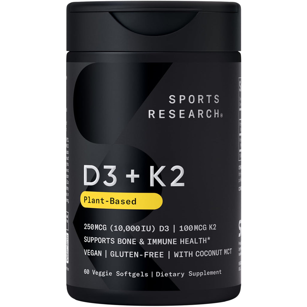 Sports Research Vitamin D3 + K2 | 10,000 IU Plant-Based D3 + 100 mcg MK-7, 60ct
