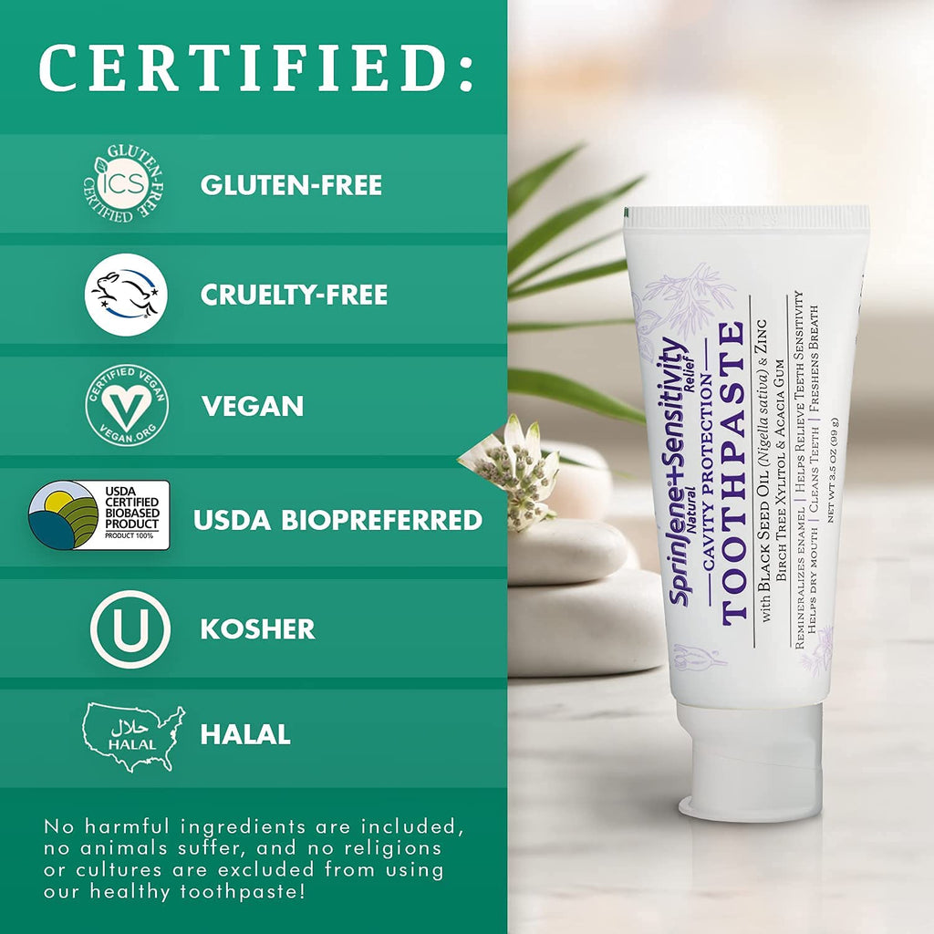 SprinJene Natural Sensitivity Relief Toothpaste – Fluoride for Sensitive Teeth, Cavity Protection, SLS Free – Black Seed Oil & Zinc – Made in USA (1 Pack)