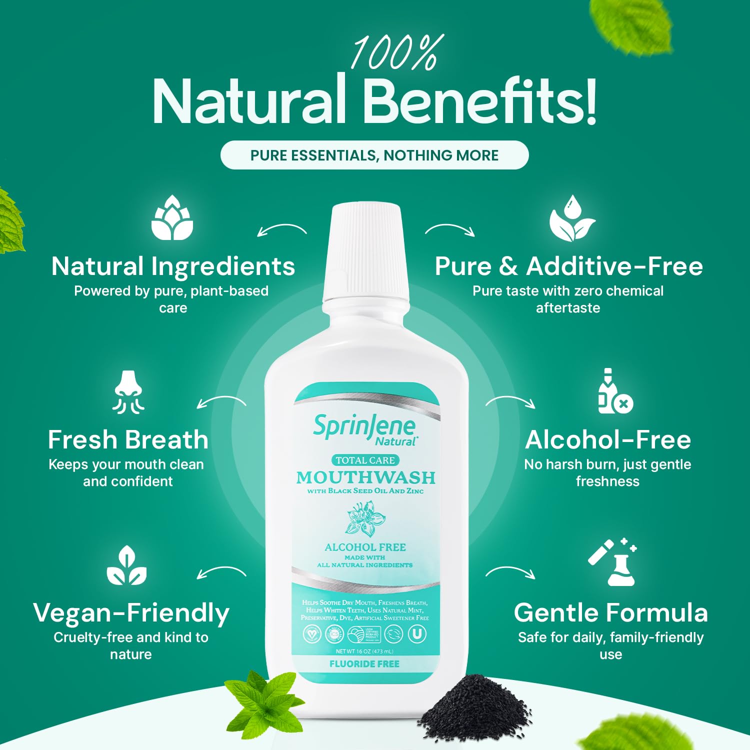 SprinJene Alcohol Free Mouthwash with Xylitol – Fluoride Free, Vegan, Made in USA