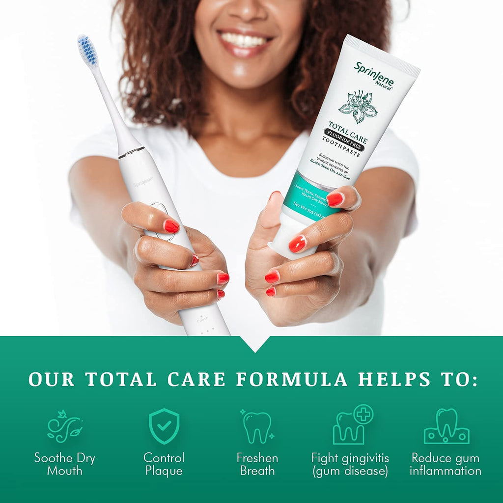 SprinJene Natural Total Care Fluoride Free Toothpaste – Patented Formula with Black Seed Oil & Zinc – Dry Mouth Toothpaste for Fresh Breath & Strong Teeth – Made in The USA (4 Pack)