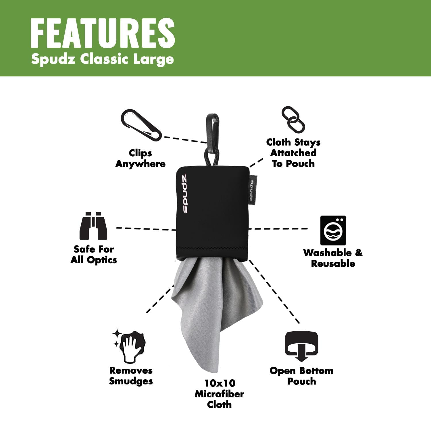 SPUDZ Classic Microfiber Lens Cleaner – Clip-On Pouch, Washable – Avocado, 6 x 6 Inch (2-Pack)