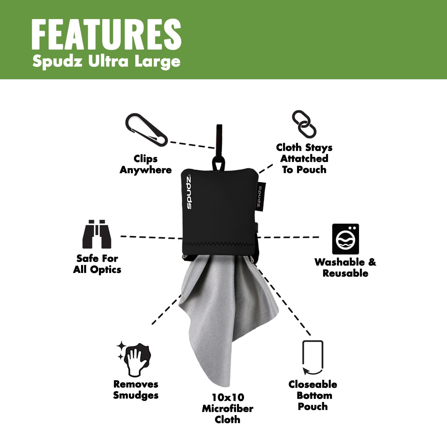 SPUDZ Ultra Microfiber Lens Cleaner – Closable Pouch, Clip-On, Washable | Alpine Mountain Camo 10x10