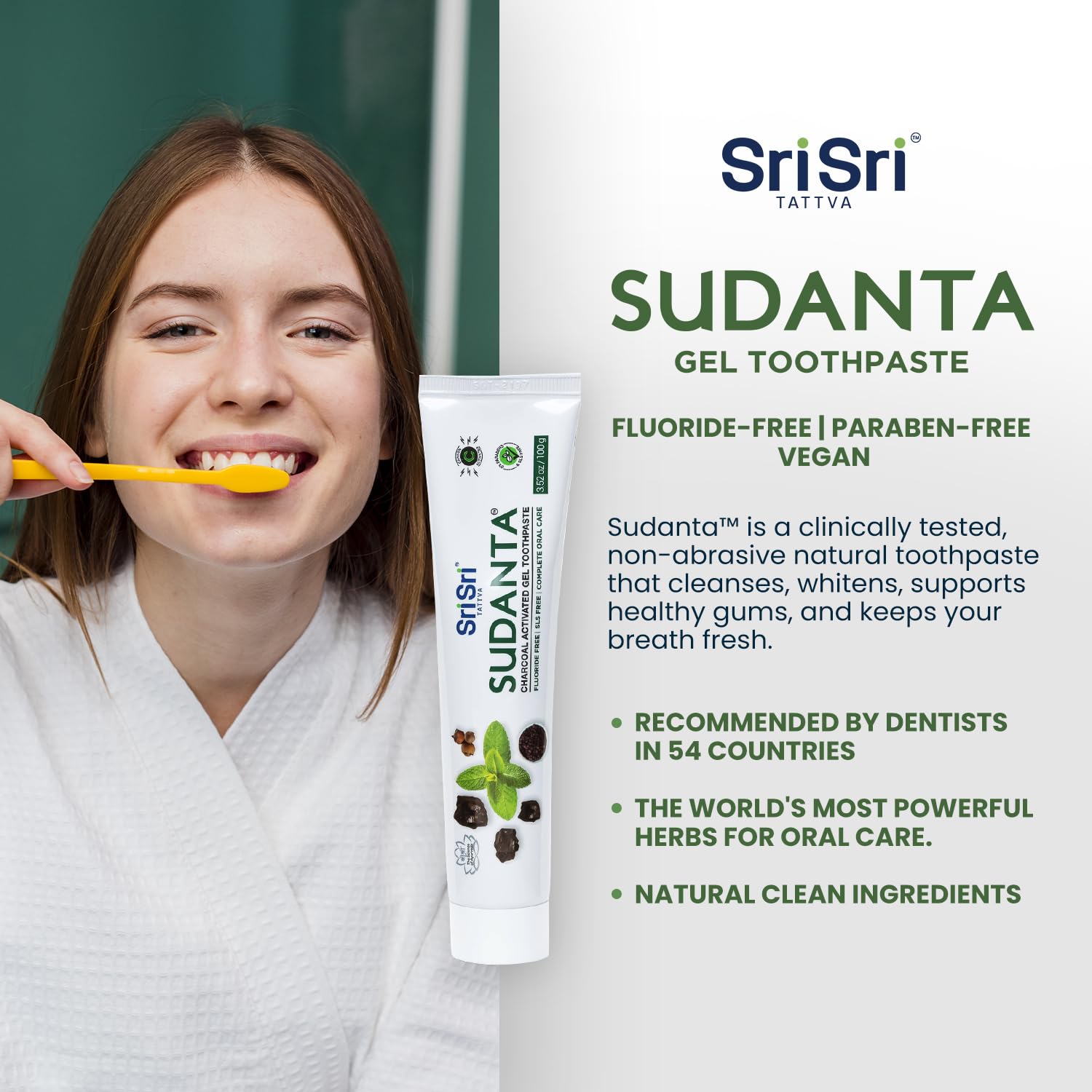 Sri Sri Tattva Sudanta Charcoal Toothpaste Gel – SLS Free & Fluoride Free Herbal Toothpaste with Neem & Ayurvedic Herbs – Natural Whitening & Gum Care – 100 g Tube (Pack of 1)