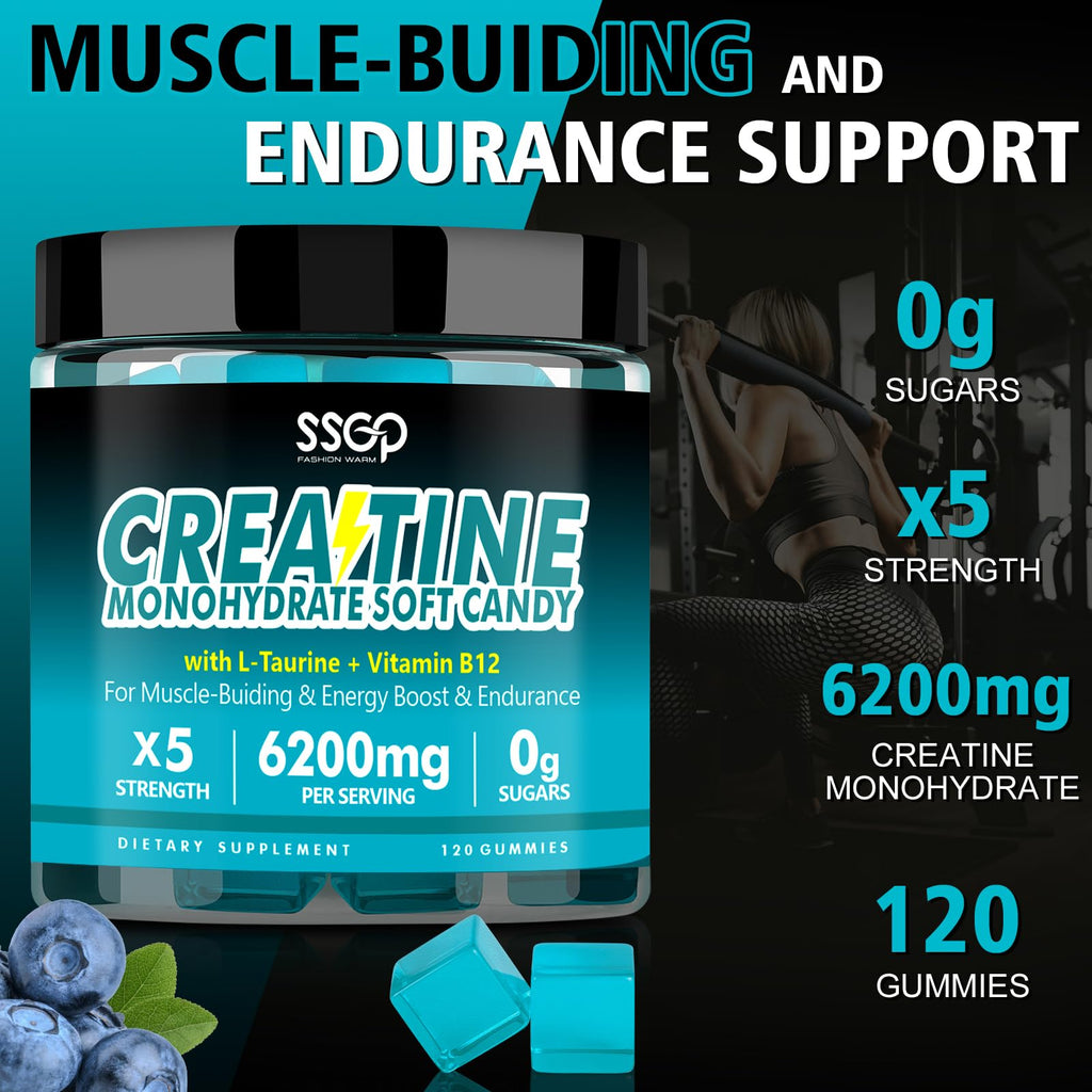 SSGP Creatine Monohydrate Gummies – Blueberry, 120ct with L-Taurine & B12 (Vegan, Sugar-Free)