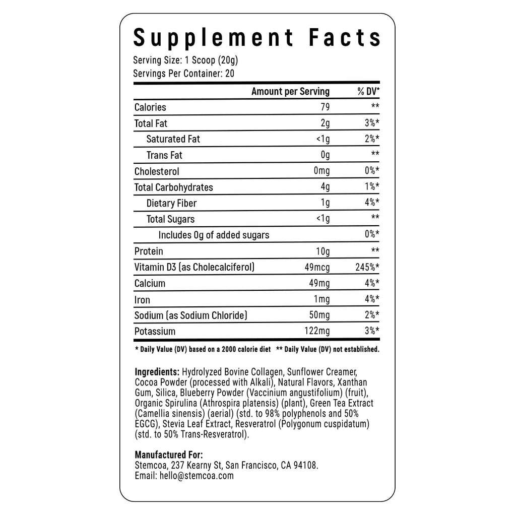Stemcoa NCR1 - Natural Cellular Renewal & Rejuvenation | Collagen Powder, Milk Chocolate