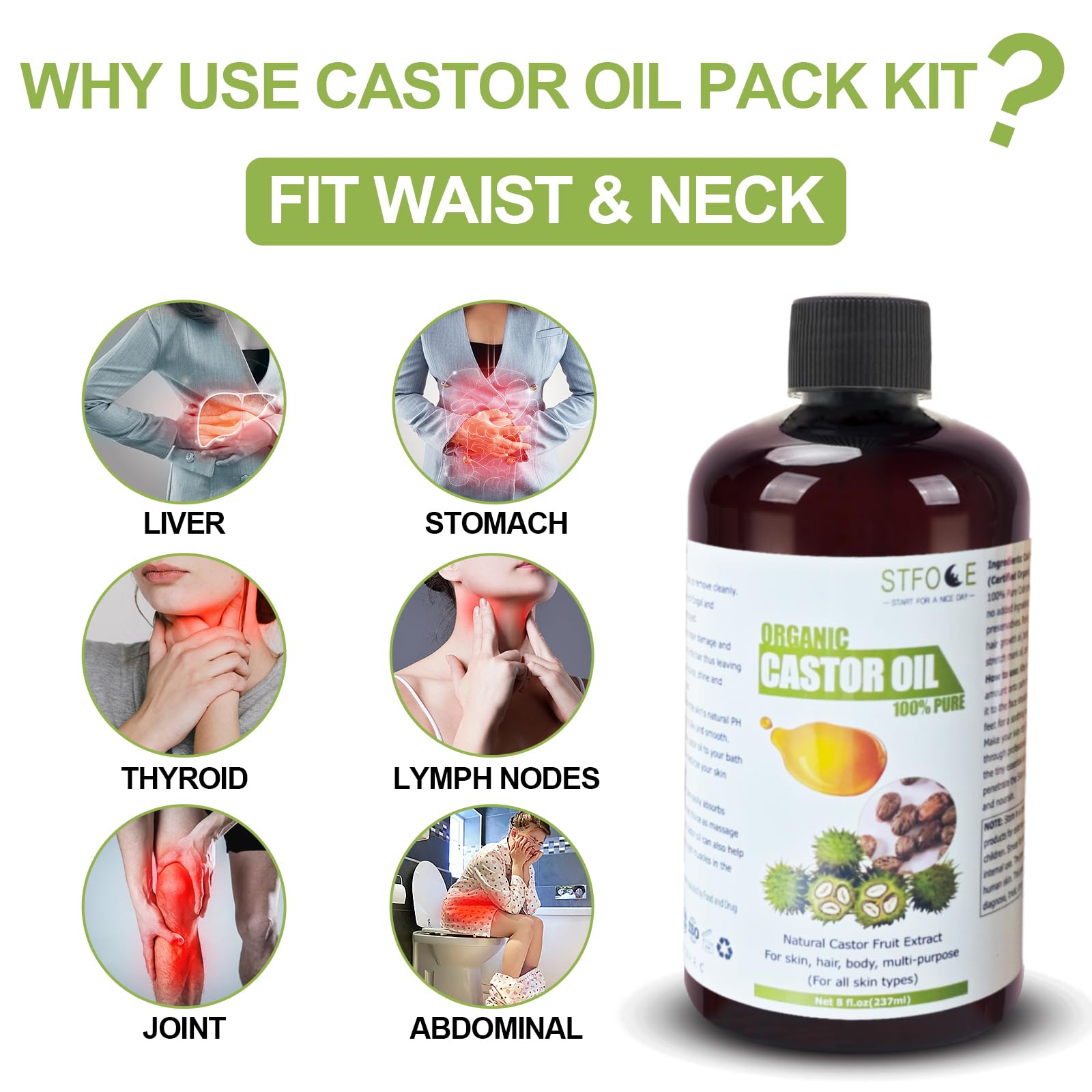 STFOCE Castor Oil Pack Wrap – Organic, Self-Adhesive, 7.9x5.5 in (Pack of 18)