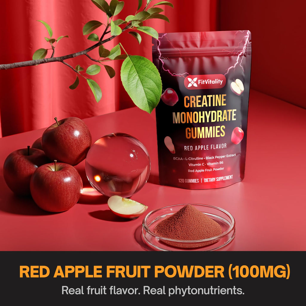 FitVitality Premium 120 Creatine Gummies – Creatine Monhydrate, Vitamin C & B6, Vegan, Non-GMO, Sugar-Free, Red Apple