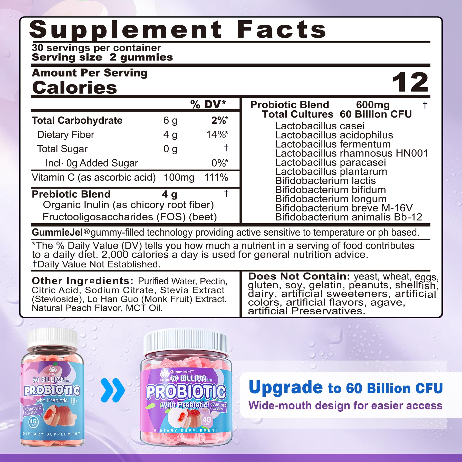 Sugar Free Probiotic Gummies 60B CFU | 11 Strains + Prebiotics Fiber | Peach Flavor
