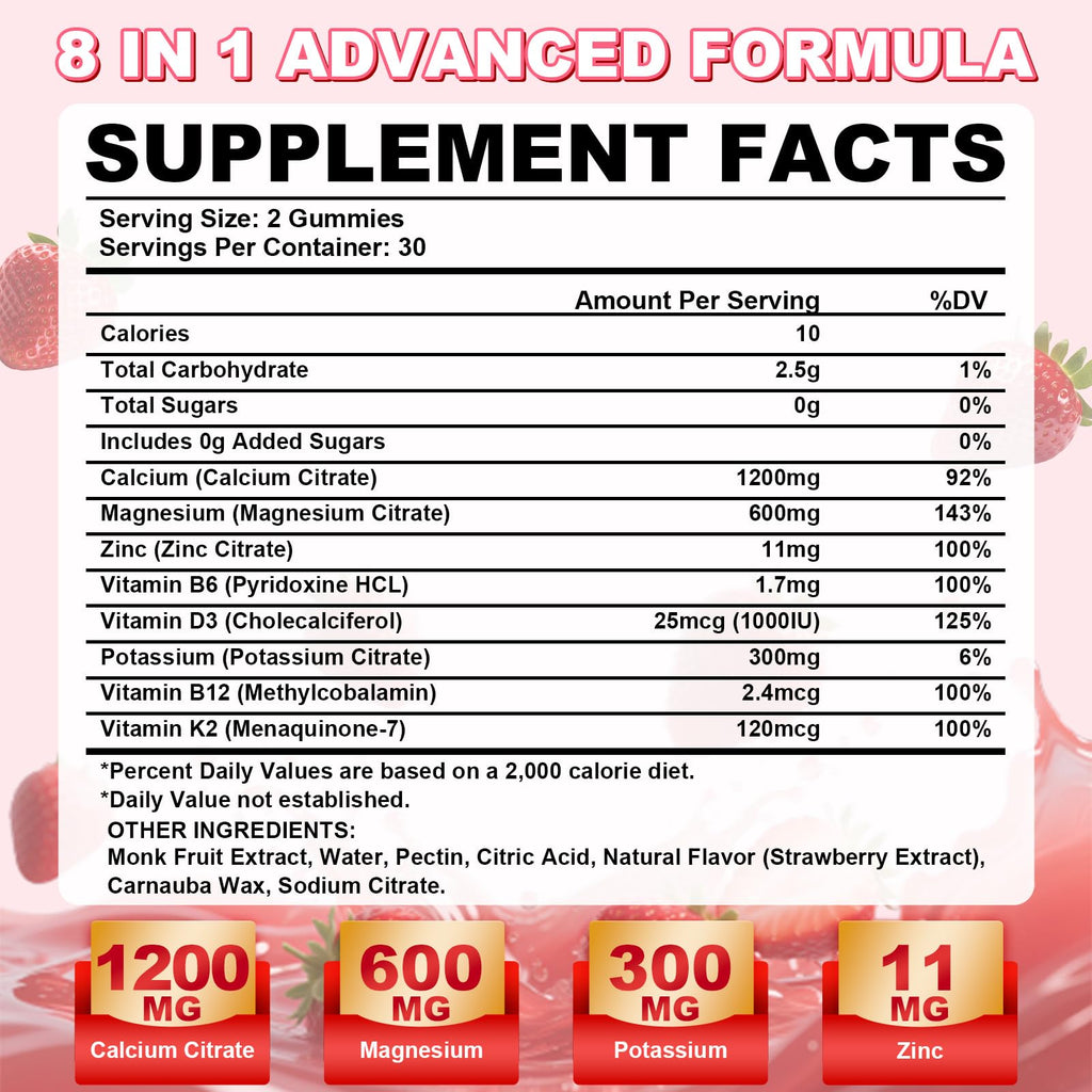 1200mg Calcium Citrate Gummies – Sugar-Free Strawberry | Bone, Teeth & Muscle Support (60 Count)