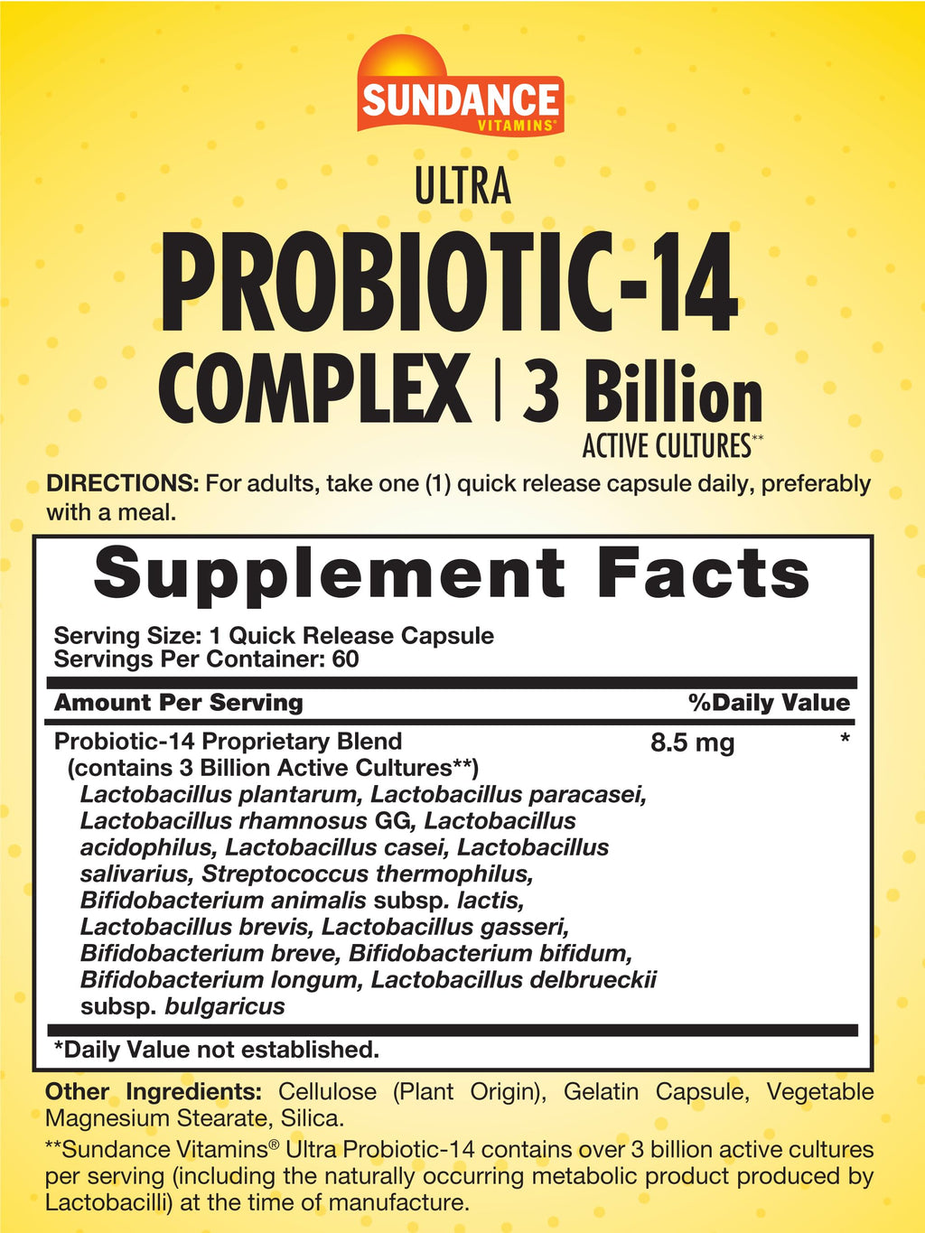 Sundance Probiotic-14 Complex | 3 Billion Active Cultures | 60 Capsules | Non-GMO & Gluten Free