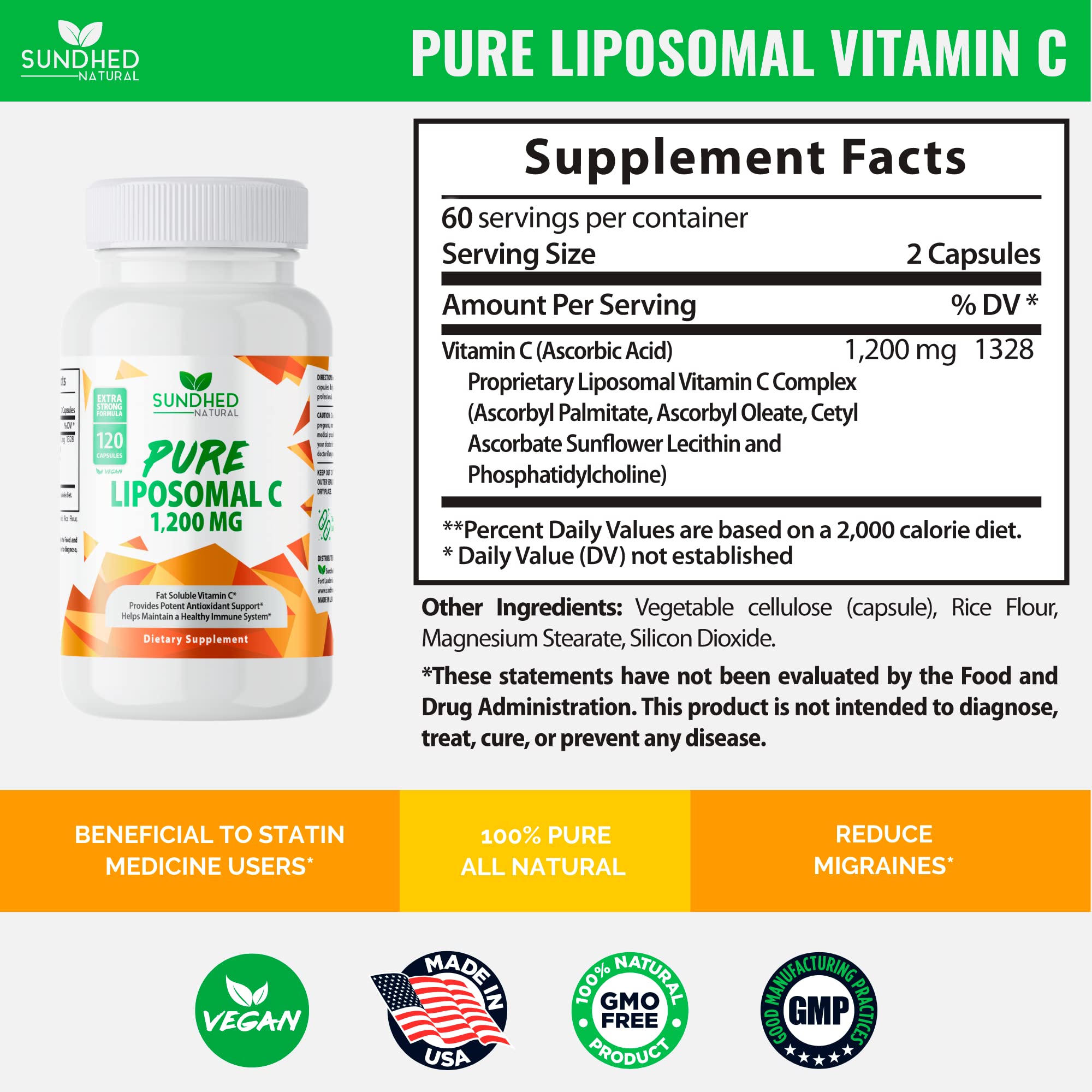 Sundhed Natural Pure Liposomal Vitamin C 1200mg – Immune Support & Skin Health (120 Capsules)