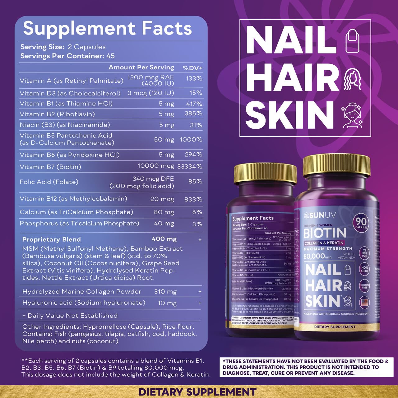 SUNUV Biotin 10,000mcg | Collagen | Keratin - 80,000mcg Hair Growth Vitamins for Women & Men,Skin & Nails Support - Hyaluronic Acid & Vitamins B1,B2,B3,B5,B6,B9,B12 -Made in USA-90 Capsules