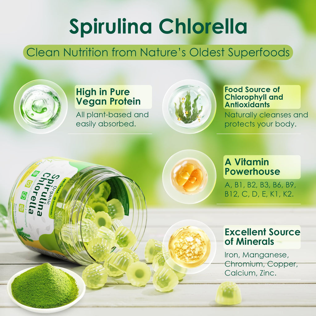 Organic Spirulina & Chlorella Gummies – Vegan Protein, Super Greens, Vitamins C & D3, Zinc & B12 | Sugar Free, 60 Count